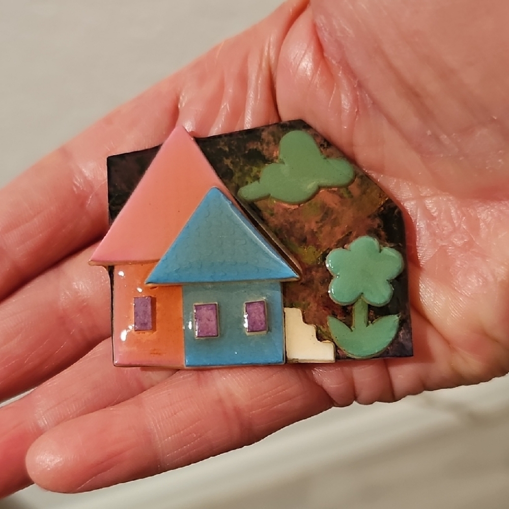 Vintage Mixed Media Resin House Pin By Lucinda – Pink, Blue & Green